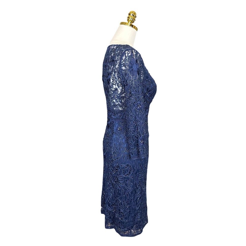Sue Wong Navy Blue Beaded Lace Cocktail Dress V-Neck 3/4 Sleeve Formal Gown - Picture 8 of 16